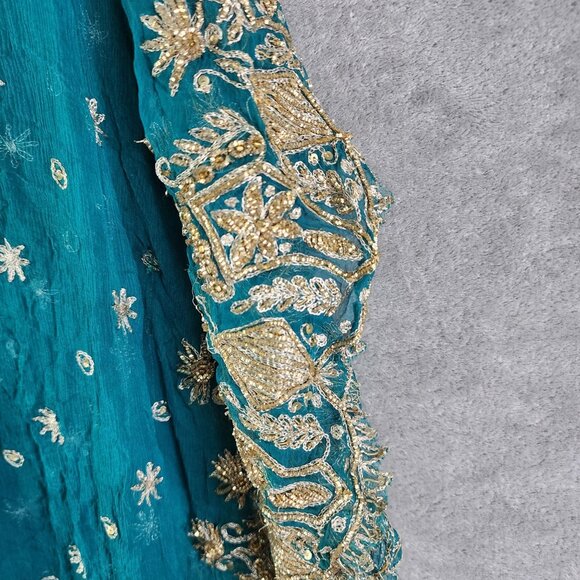 Handcrafted Teal & Gold Embroidered Sheer Shawl With Floral Motifs - Picture 5 of 9